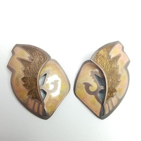 Vintage Berebi Big Funky Stud Earrings Tan Enamel Wing Shape Retro 80s Statement - Picture 2 of 8
